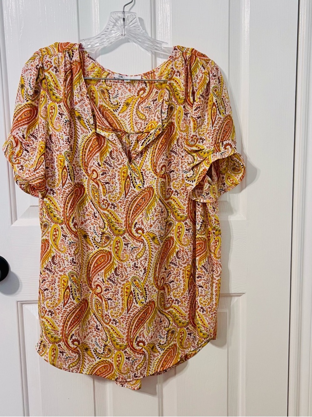 DR2 Paisley Short Ruffle Sleeve Blouse - Pink & Yellow XL
